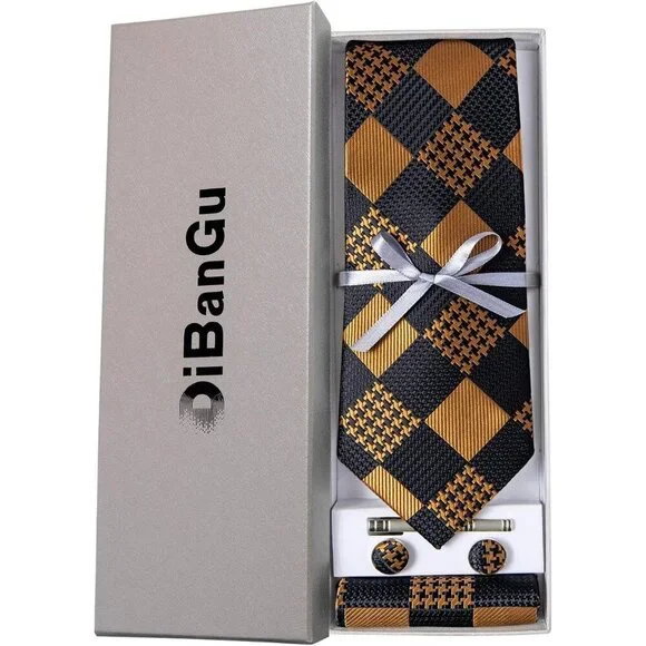 🆕Men Gold Plaid Silk Checkered Necktie Pocket Square Cufflinks Tie Clip Set